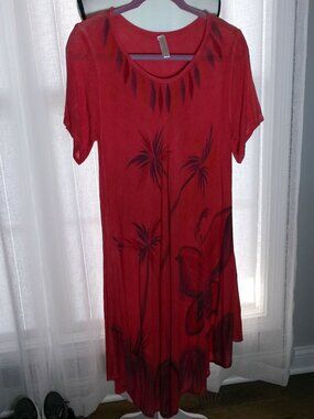 SHORELINE Short Slve Scoop Neck Red Midi Dress w/Palm Tree & Butterfly Design XL